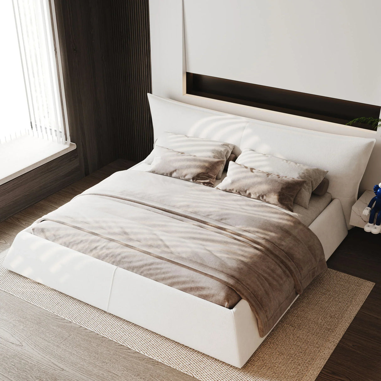 Upholstered Platform Bed With Special Shaped Velvet Headboard - Furniture Home Direct