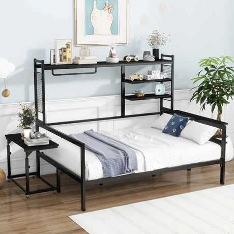 Daybed With Movable Desk, Grid, Shelves And Clothes Hanger - Furniture Home Direct