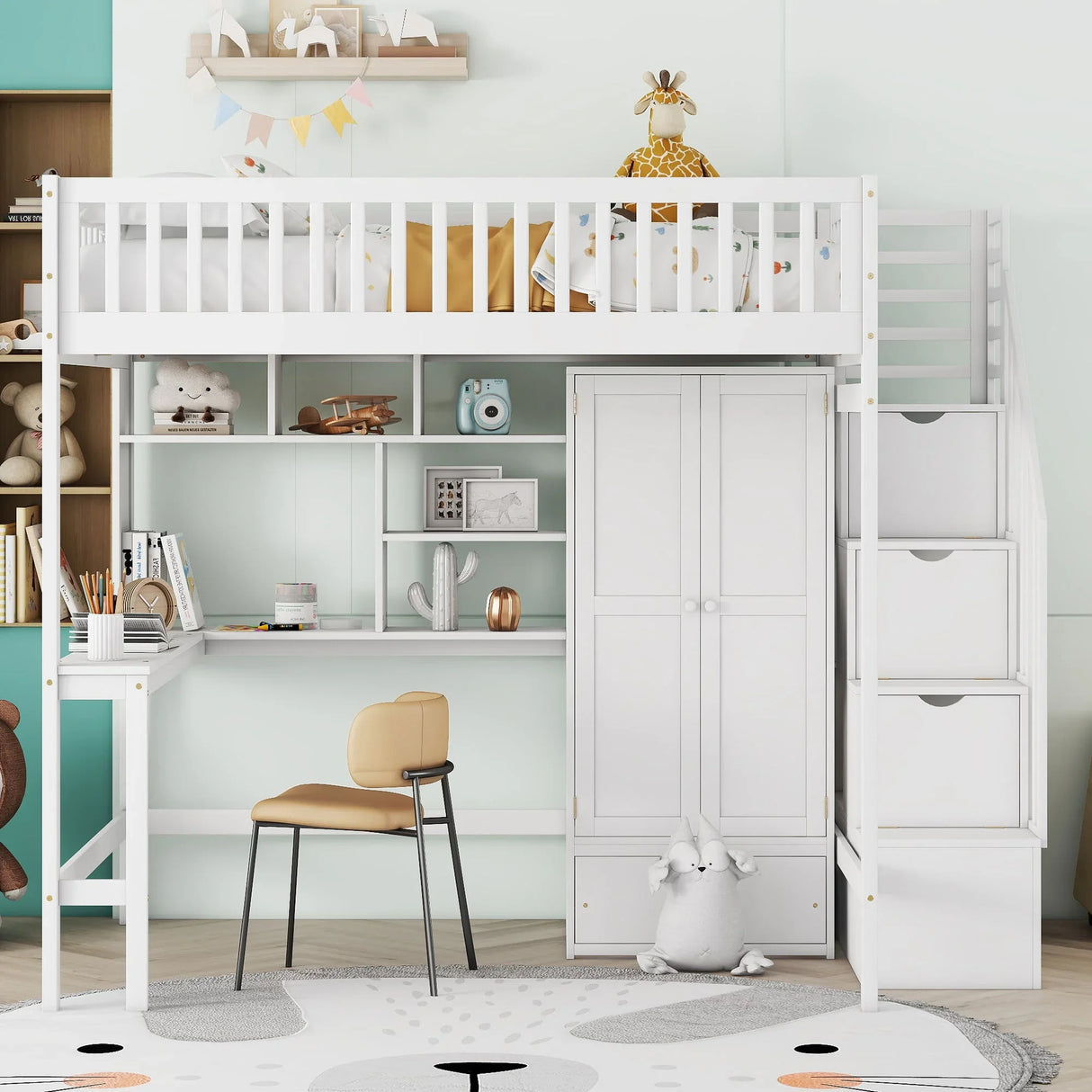 Loft Bed With Bookshelf, Drawers, Desk, And Wardrobe - Furniture Home Direct