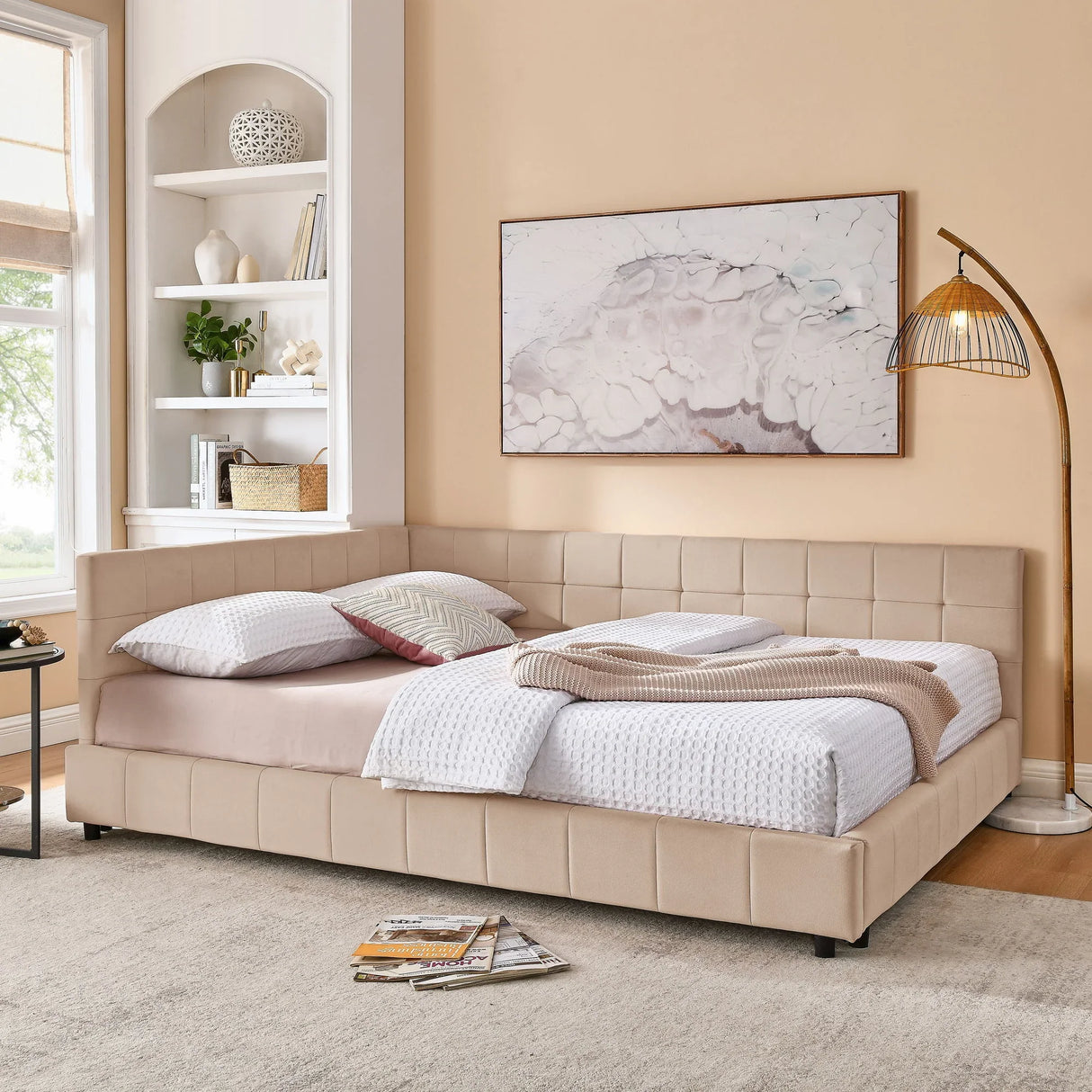 Mid-Century Storage Upholstered Tufted Bed Frame With Backrest And Armrests - Furniture Home Direct