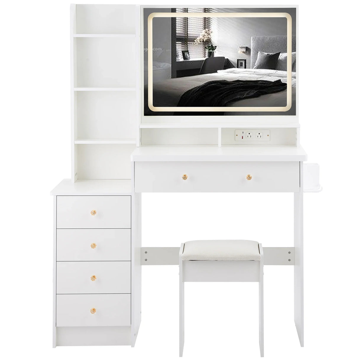 Vanity Desk With Cushioned Stool Mirror Makeup White - Furniture Home Direct