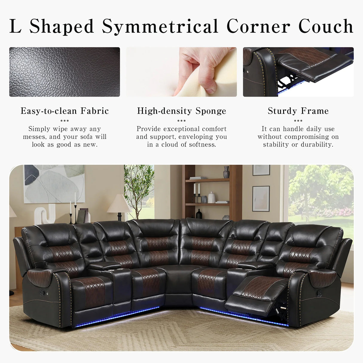Sectional Sofa with Manual Recline LED Lights Black Brown - Furniture Home Direct