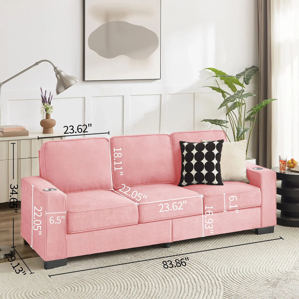 Modern Snowfleece Fabric 3 Seater Sofa With Cup Holder - Furniture Home Direct