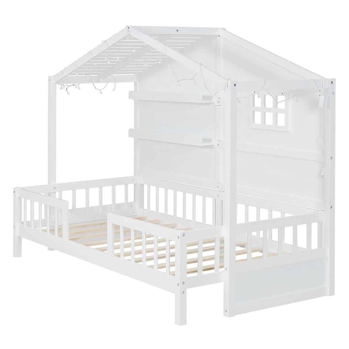 House Bed With Shelves, Window And Sparkling Light Strip On The Roof - Furniture Home Direct