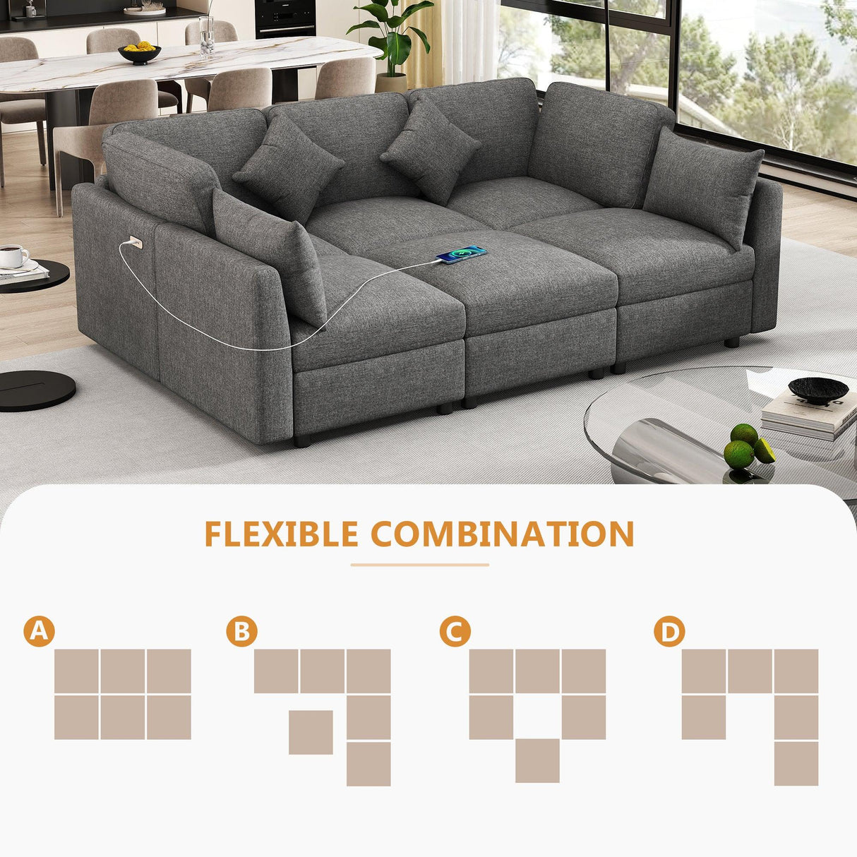 Sectional Sofa, Modular With USB Ports And Ottoman, Grey - Furniture Home Direct