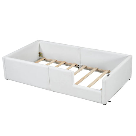 Twin Size Upholstered Platform Bed With Guardrail And Charging Station - White - Furniture Home Direct