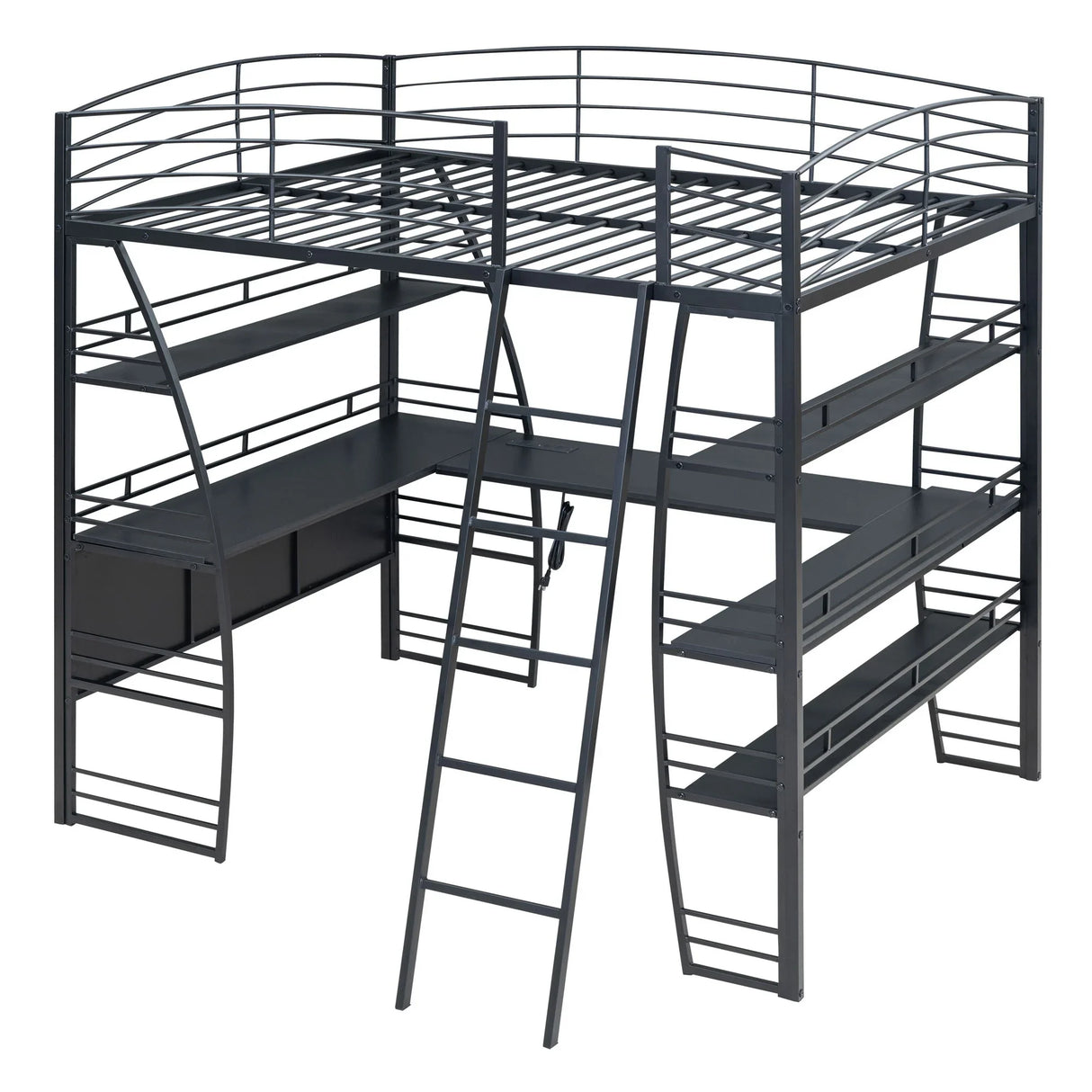 Loft Bed With 4 Layers Of Shelves And L-Shaped Desk, Stylish Metal Frame Bed With A Set Of Sockets, USB Ports And And Wireless Charging - Furniture Home Direct