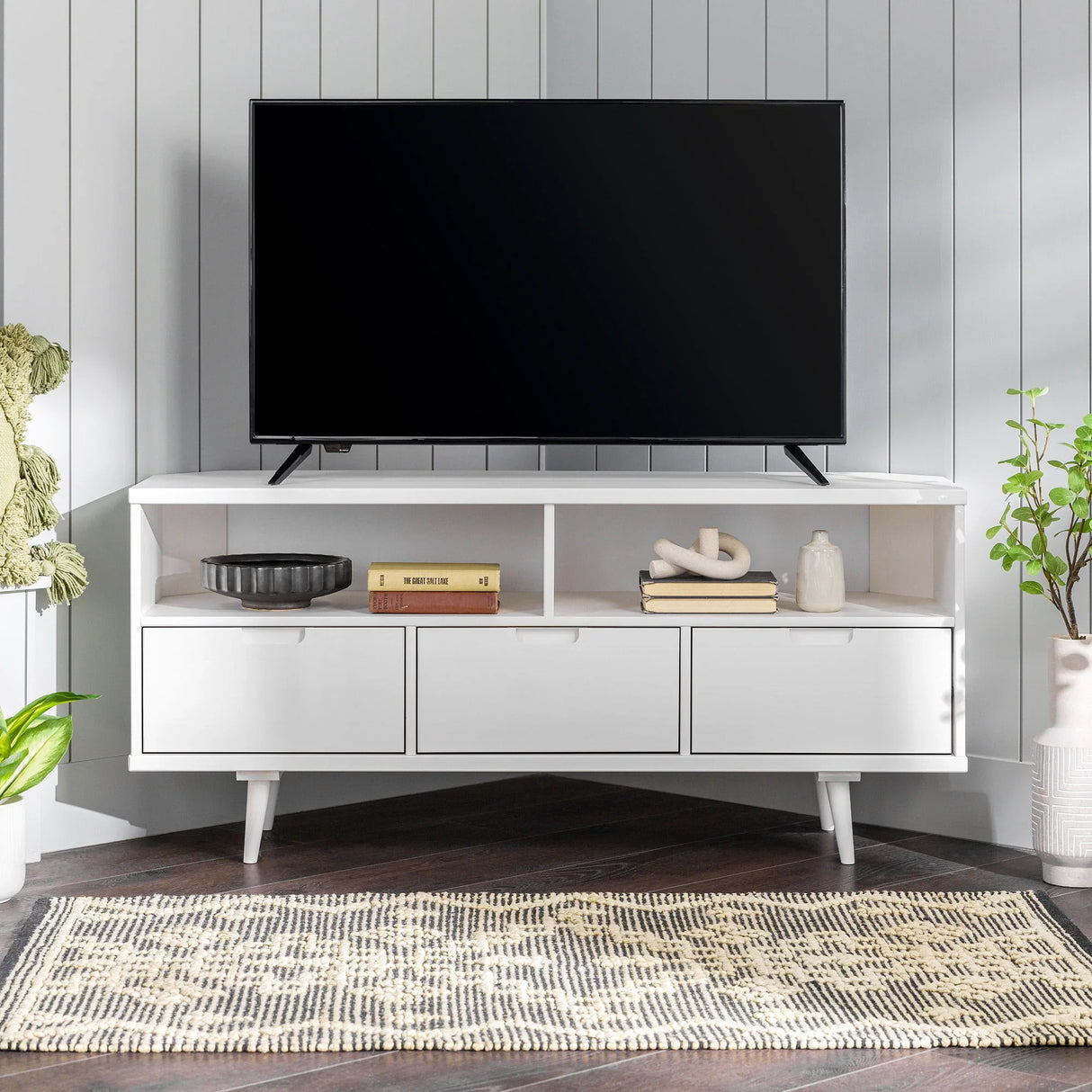 Mid-Century Modern Minimalist 3 Drawer Corner TV Stand For TVs Up To 58 - Furniture Home Direct
