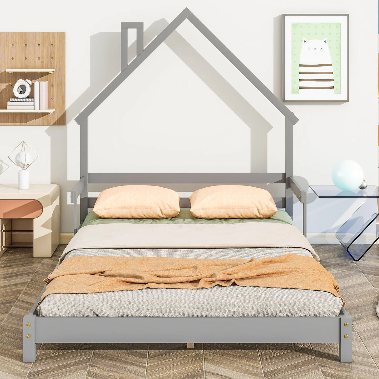 House-Shaped Headboard Bed With Handrails, Slats - Furniture Home Direct