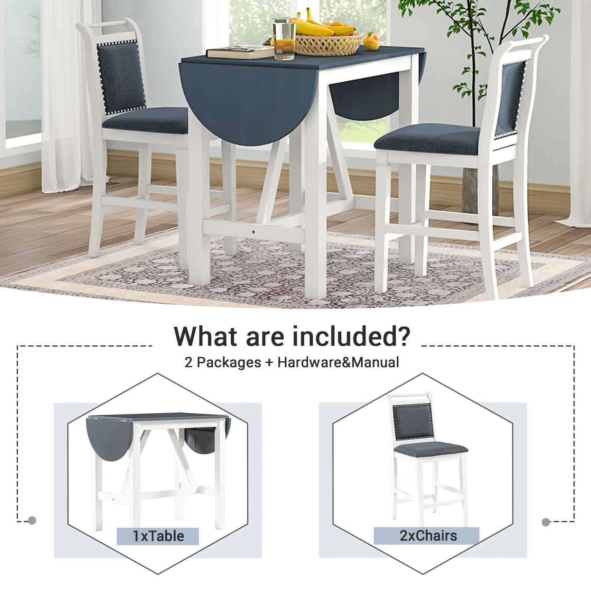 Dining Set Drop Leaf Counter Height With 2 Chairs White Gray - Furniture Home Direct