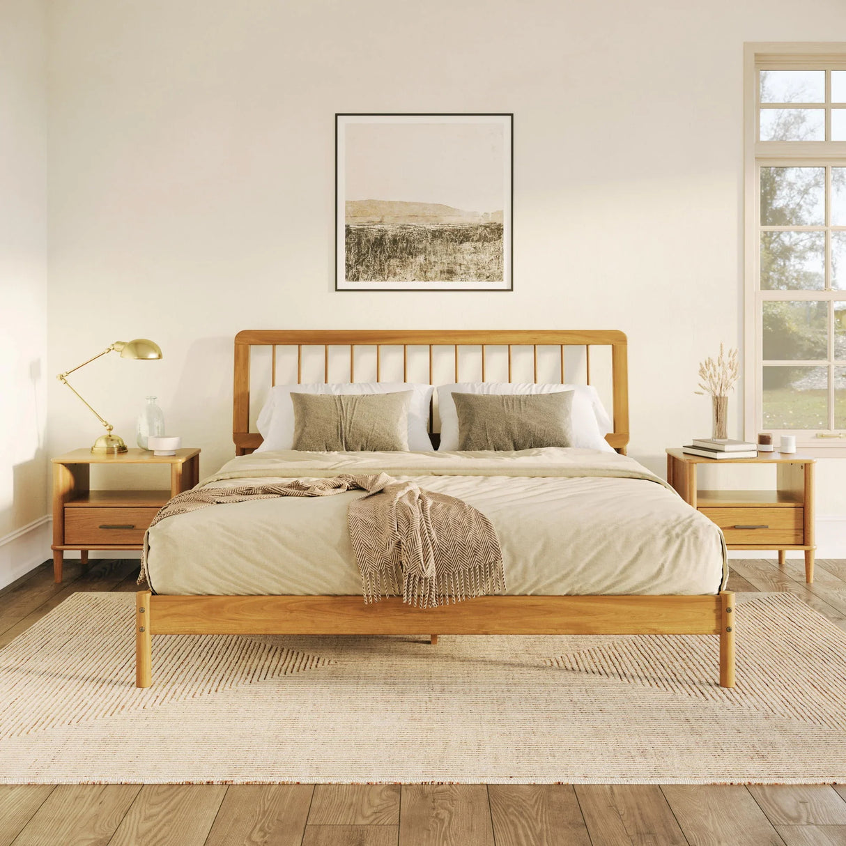 King Spindle Bed Mid Century Modern - Caramel - Furniture Home Direct