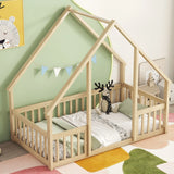 Wood House-Shaped Floor Bed With Fence, Guardrails - Furniture Home Direct