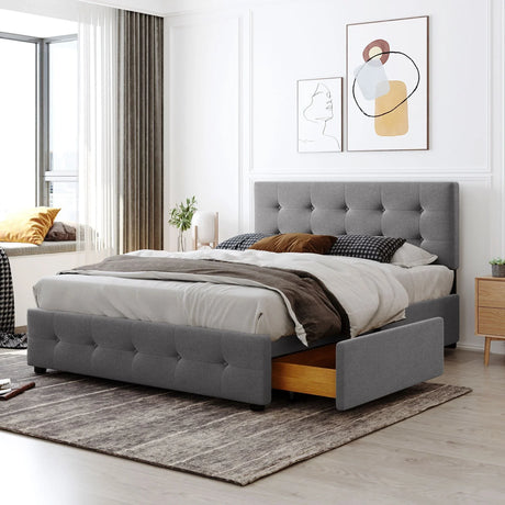 Upholstered Platform Bed With Classic Headboard And Drawers, No Box Spring Needed - Furniture Home Direct