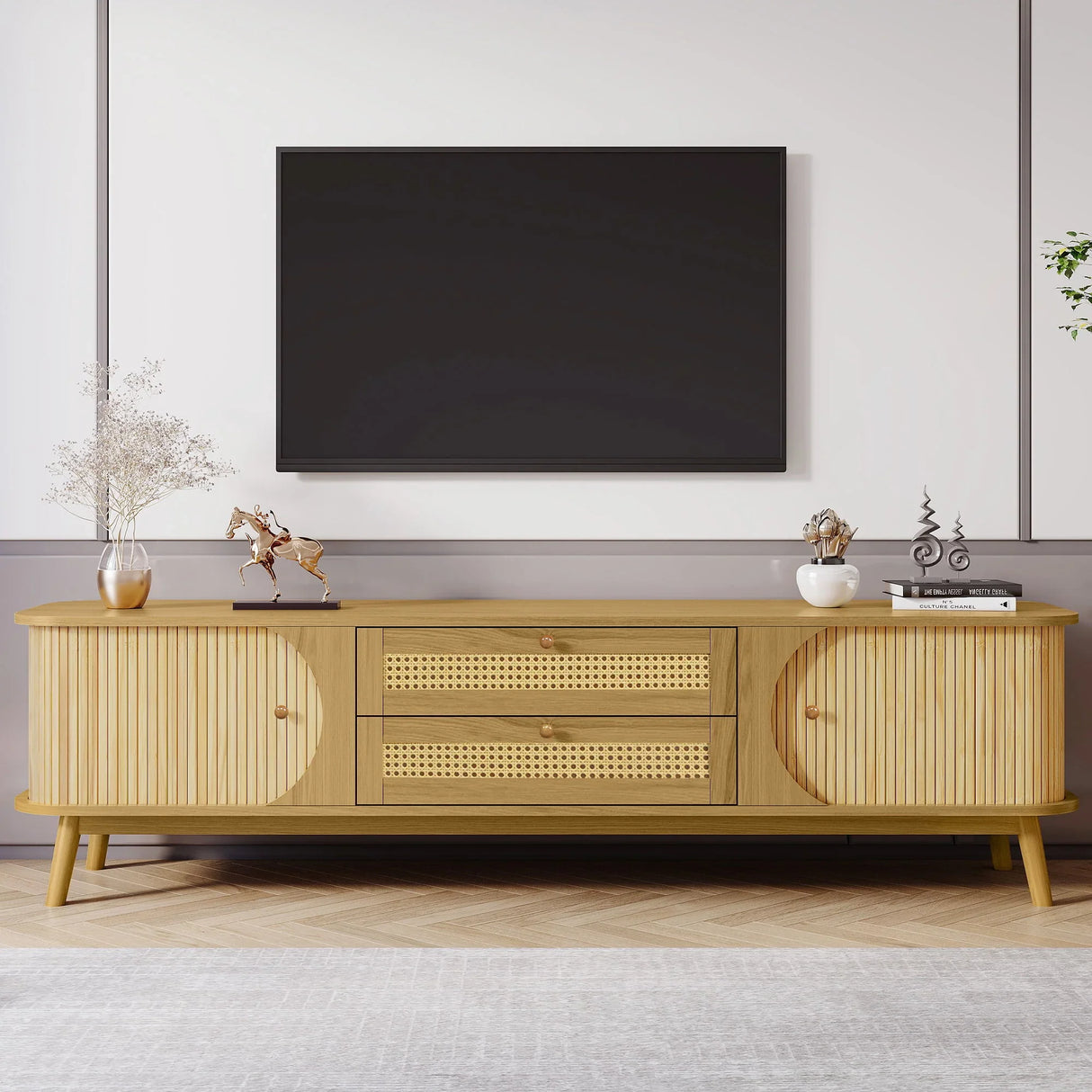 Rattan TV Stand For Tvs Up To 75'', Modern Farmhouse Media Console, Entertainment Center With Legs, TV Cabinet For Living Room, Home Theatre - Natural Wood - Furniture Home Direct