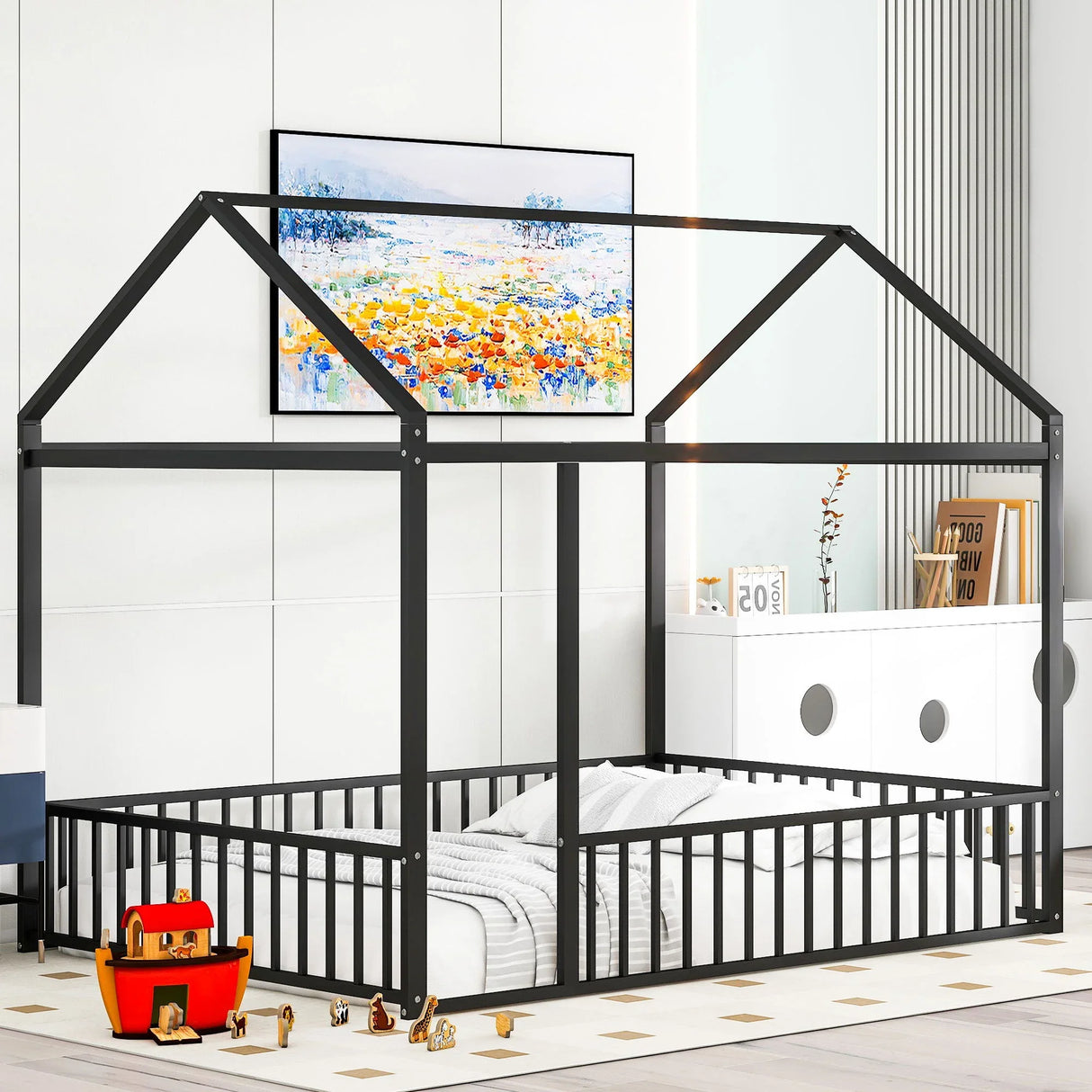 Metal Bed House Bed Frame With Fence - Furniture Home Direct