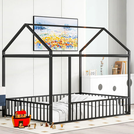 Metal Bed House Bed Frame With Fence - Furniture Home Direct