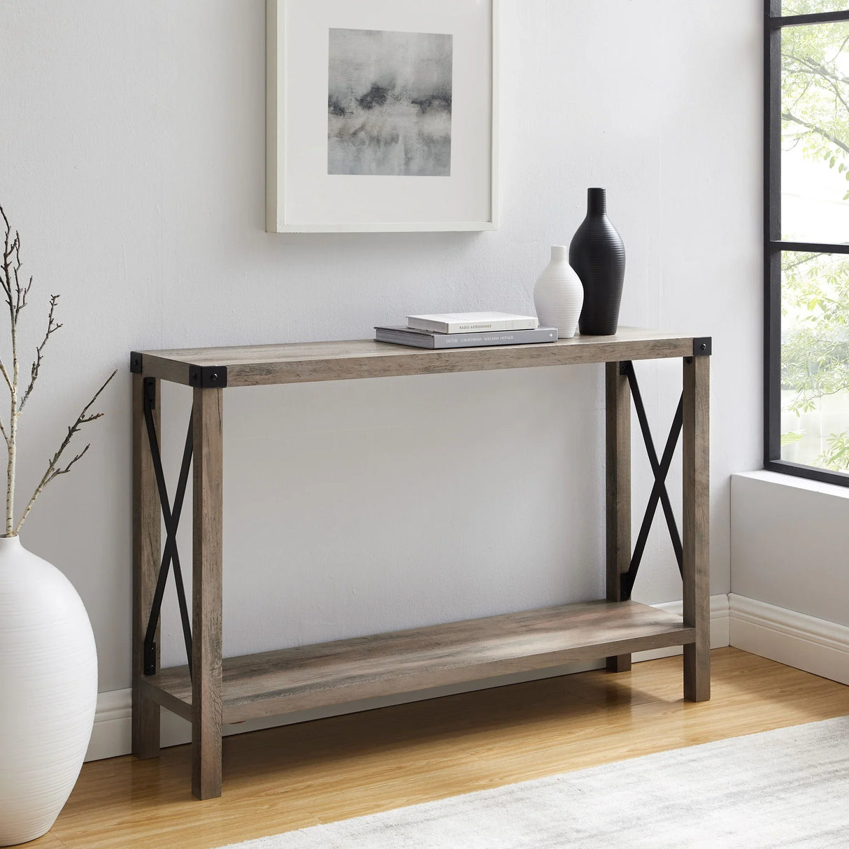 Farmhouse Metal X Table With Lower Shelf - Furniture Home Direct