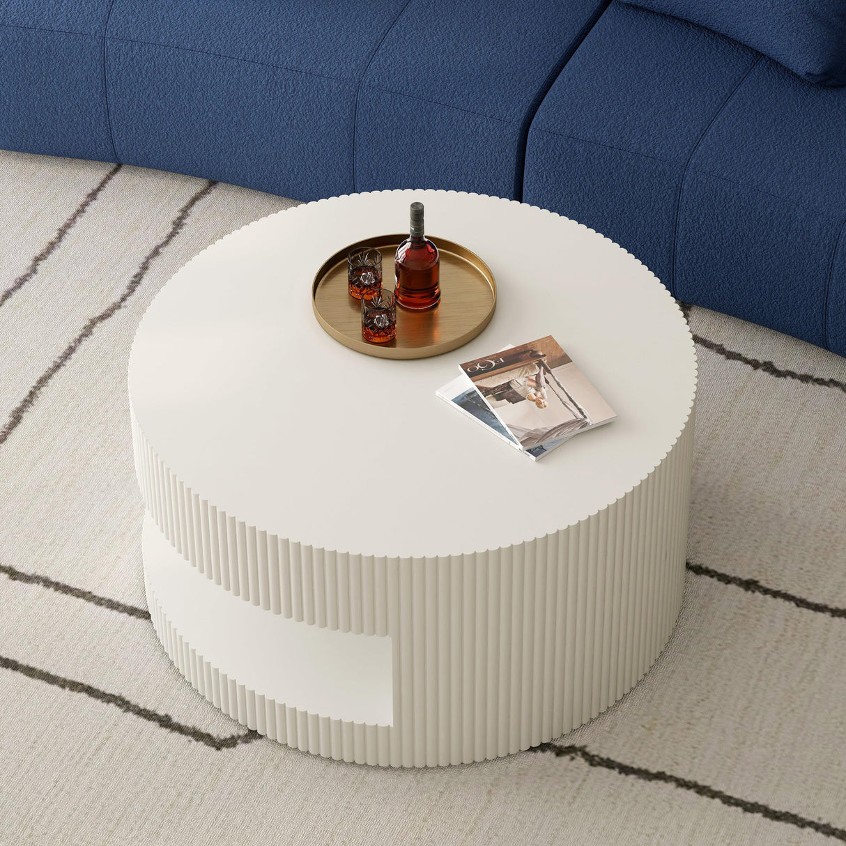 Coffee Table Round Modern Fluted Storage Shelf White - Furniture Home Direct
