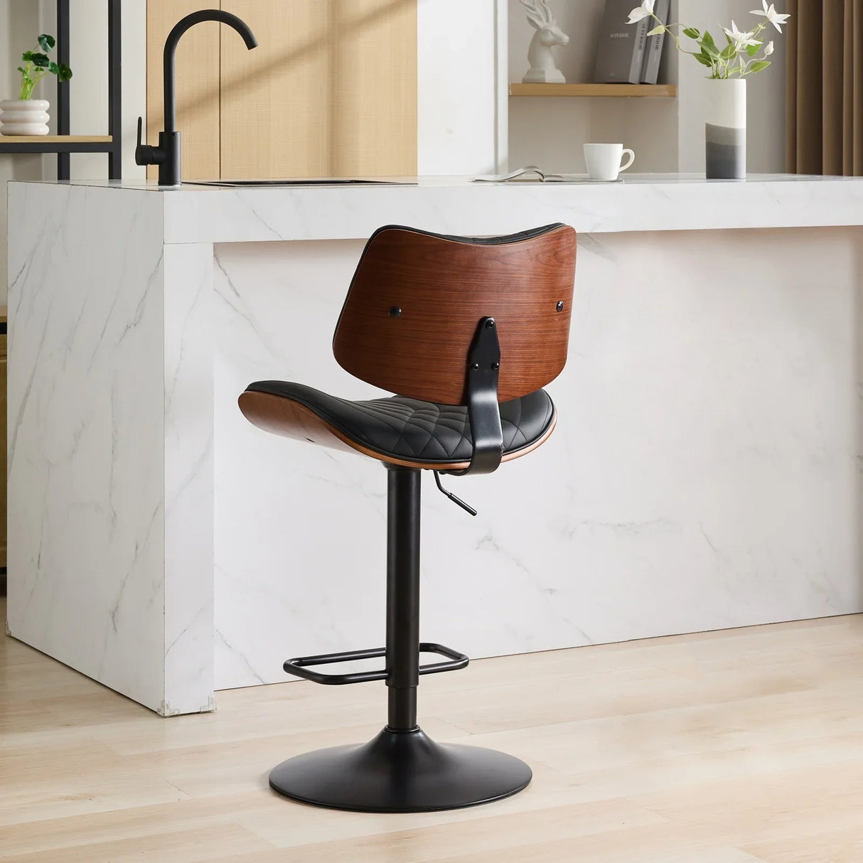 Counter Stool Adjustable PU Leather Upholstered Black - Furniture Home Direct