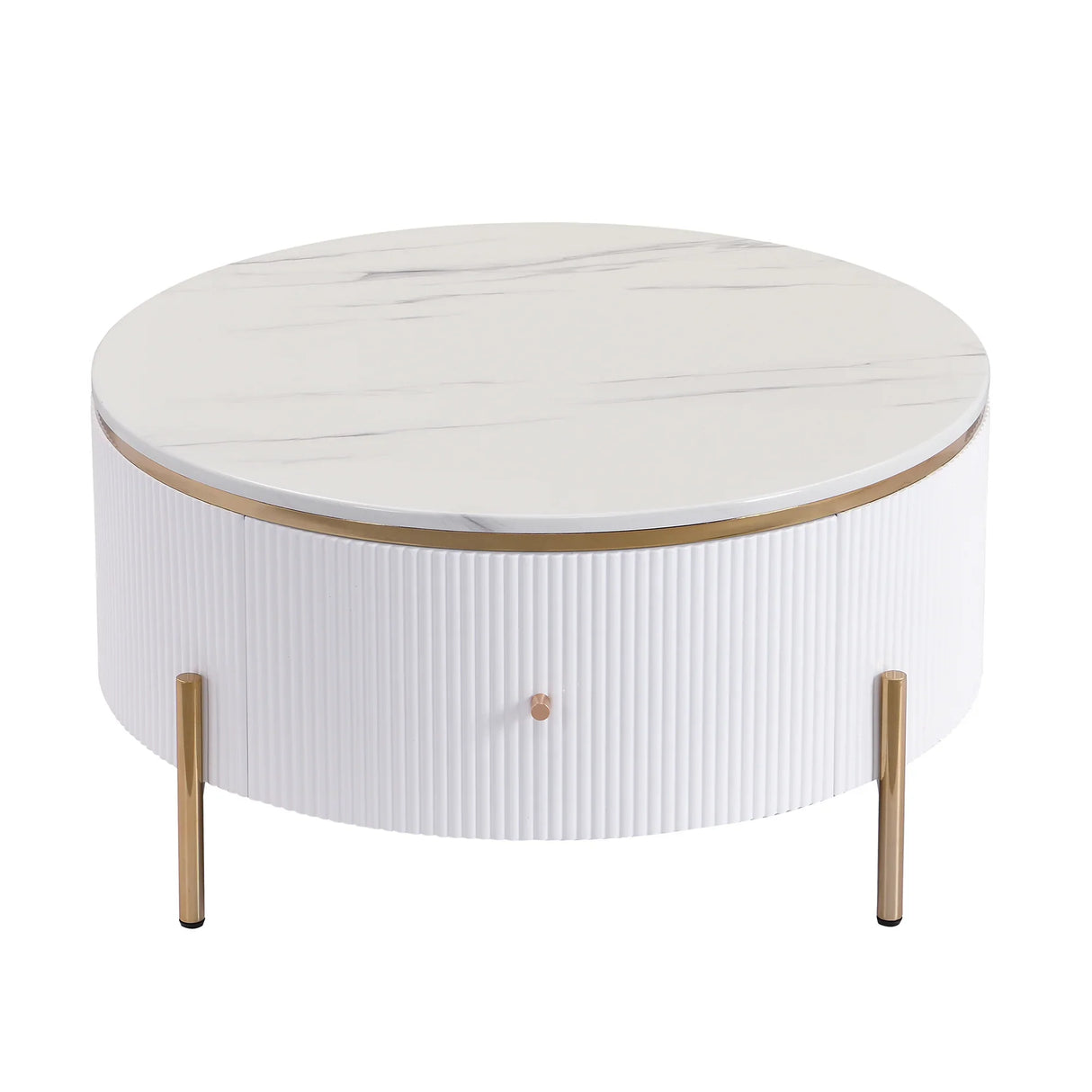 Round Coffee Table with Drawers and Gold Accents White - Furniture Home Direct