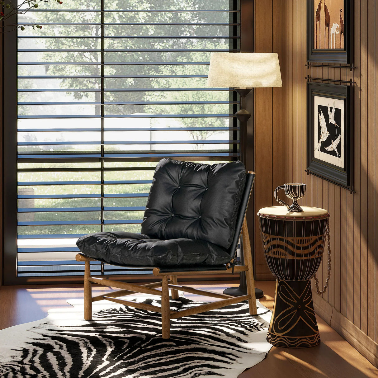 Oxford Leather Mid-Century Modern Accent Chair - Noir Black - Furniture Home Direct