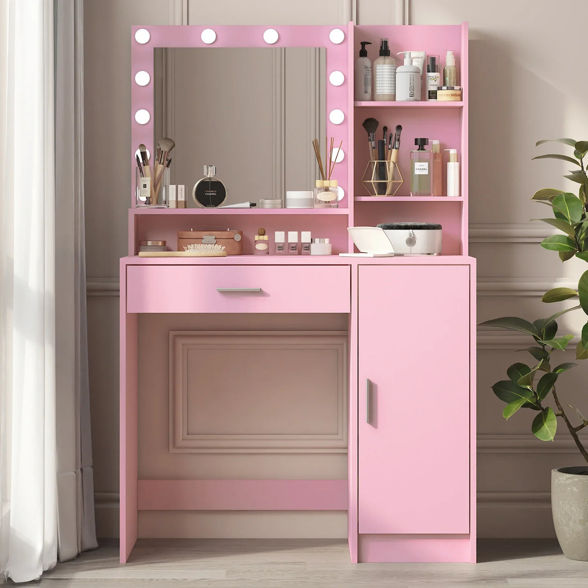 Vanity Desk With Illuminated Mirror And Storage Pink - Furniture Home Direct