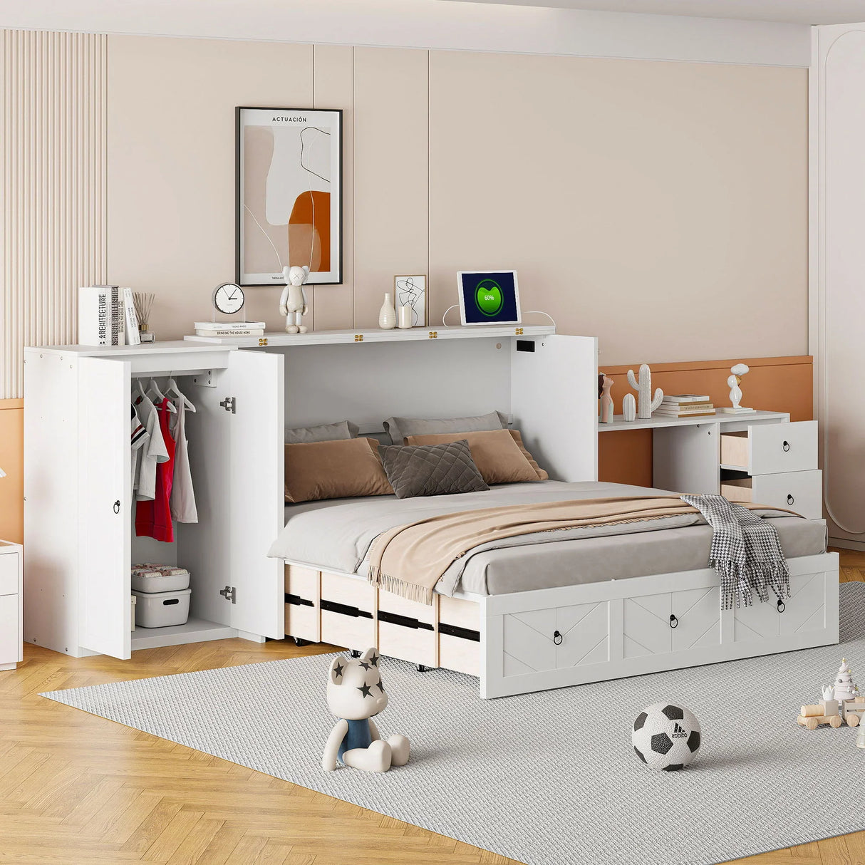 Murphy Bed With USB Port, Large Drawer, And Wardrobe / Desk Combo Versatile Cabinet Bed - Furniture Home Direct