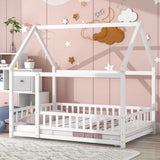 Floor Wooden Bed With House Roof Frame, Fence Guardrails - Furniture Home Direct