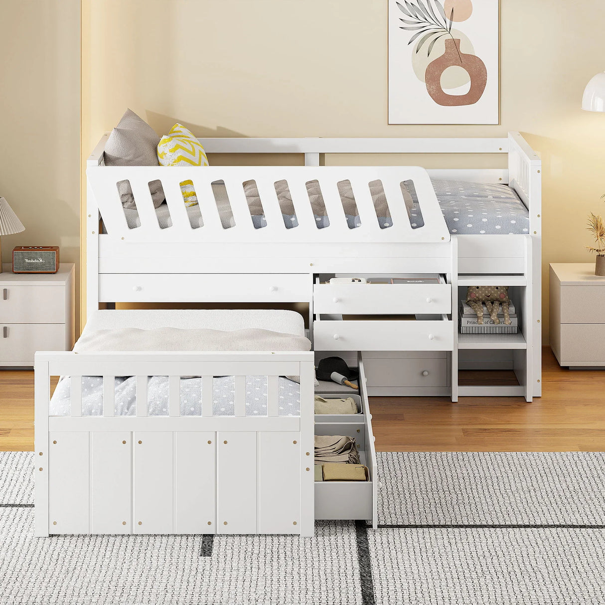 Loft Platform Bed With 7 Drawers And Full Guardrails, Modern L Shaped Space Savin - Furniture Home Direct