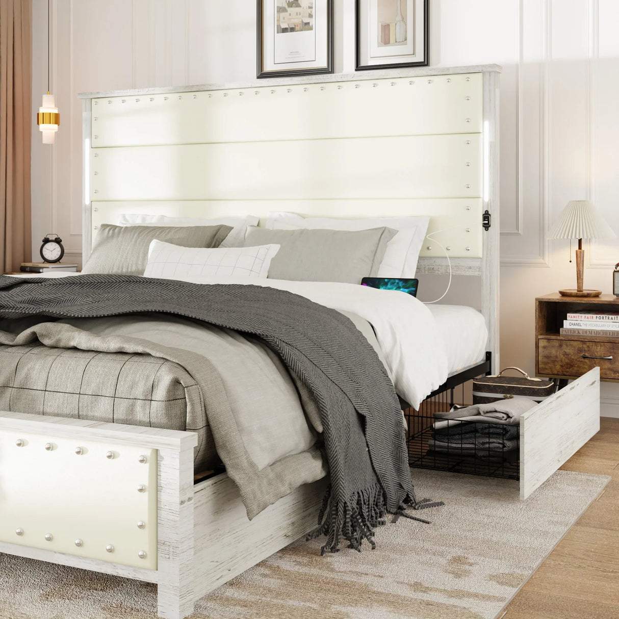 King Bed With Upholstered Headboard And Drawers Beige - Furniture Home Direct