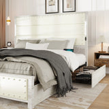 King Bed With Upholstered Headboard And Drawers Beige - Furniture Home Direct