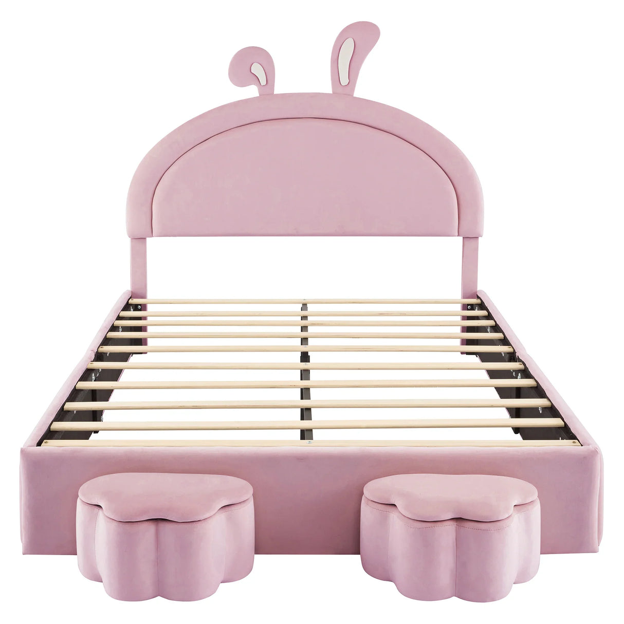 Rabbit Shaped Bed With Storage Stools Upholstered Pink - Furniture Home Direct