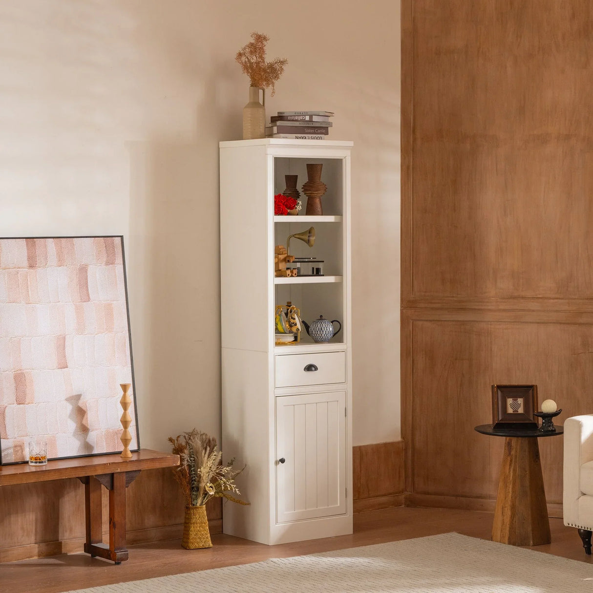 Retro Style 75'' Tall Display Shelf With Cabinet For Hallways Living Room Kitchen - White - Furniture Home Direct