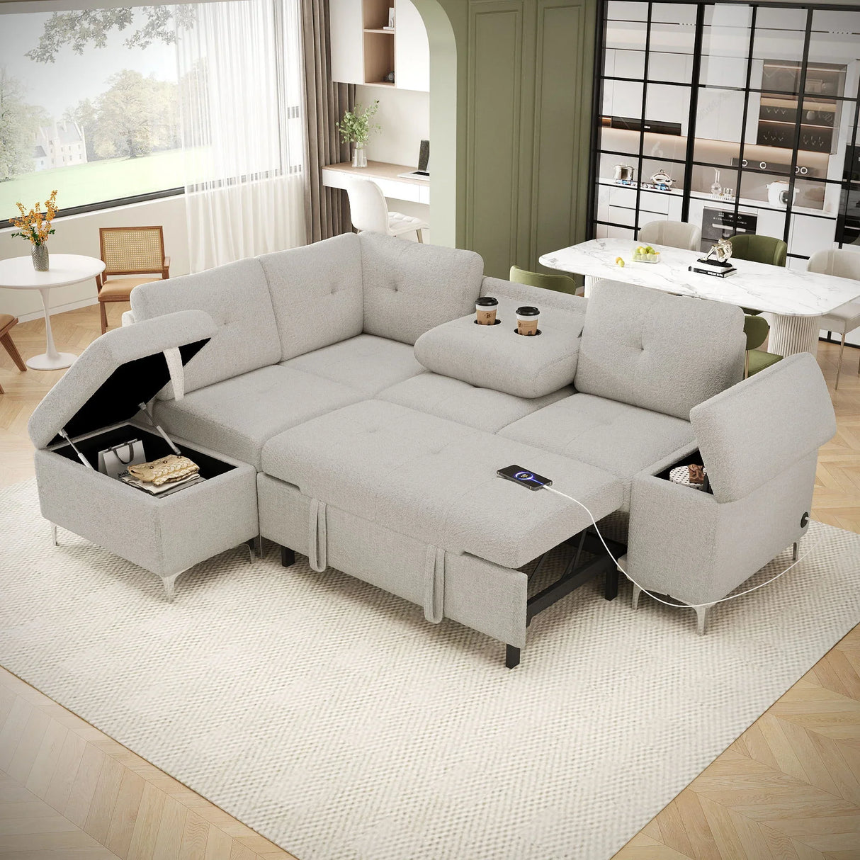 Versatile L Shaped Sofa Bed With Storage, Cup Holders, USB Ports Chenille - Furniture Home Direct