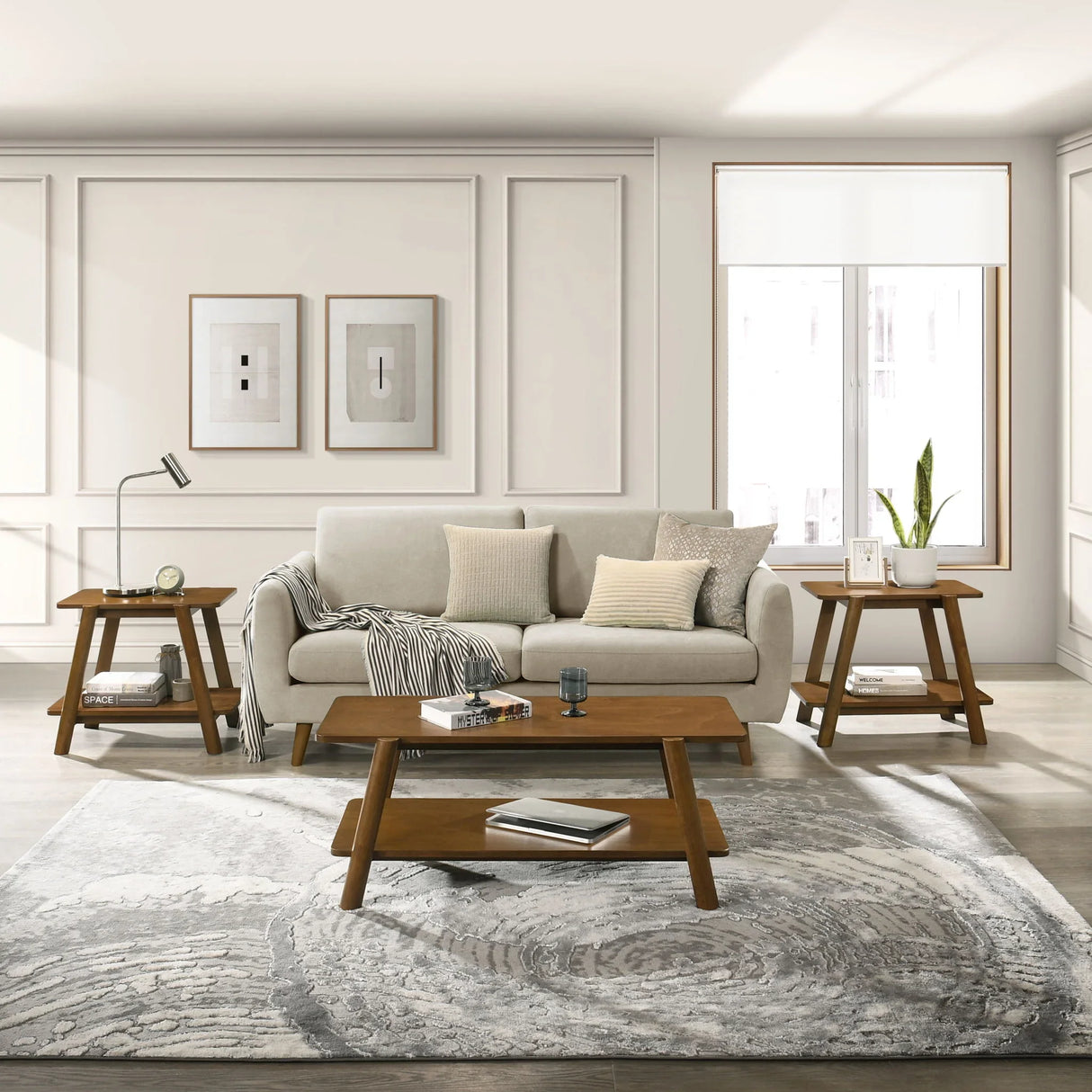 Metz - Mid-Century Modern Wood Shelf 3 Piece Coffee Table Set - Walnut - Furniture Home Direct