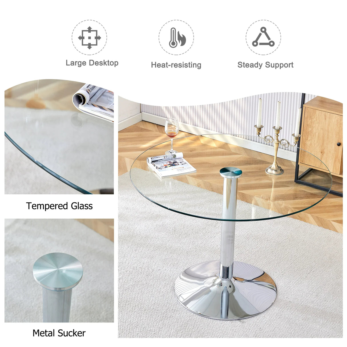 Dining Table Round Glass Top With Chrome Pedestal Silver - Furniture Home Direct