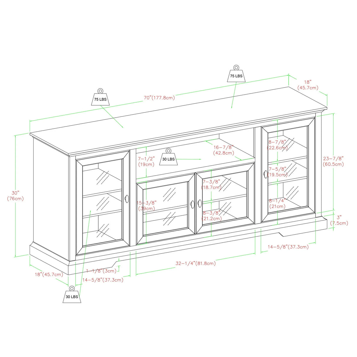Transitional Classic 70" TV Stand For 80" TVs With 4 Glass Doors - Furniture Home Direct