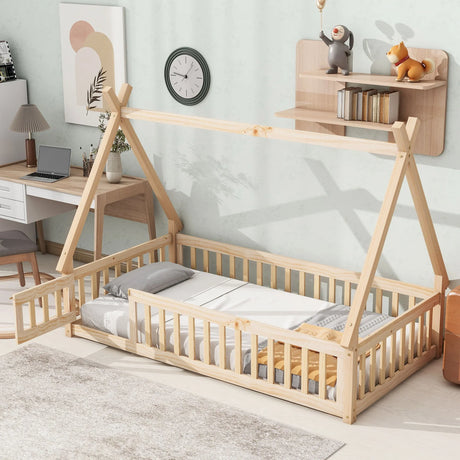 Tent-Shaped Floor Bed, With Guardrails, Slats, Door - Furniture Home Direct