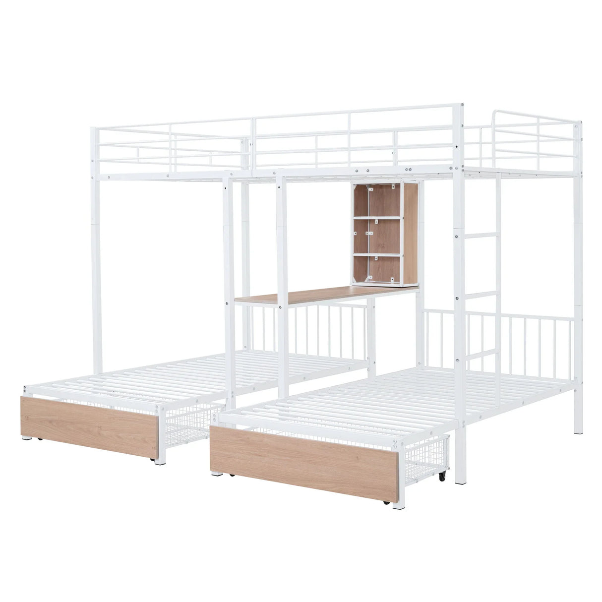 Triple Bunk Bed With Drawers, Multi-Functional Frame With Desks And Shelves In The Middle - Furniture Home Direct
