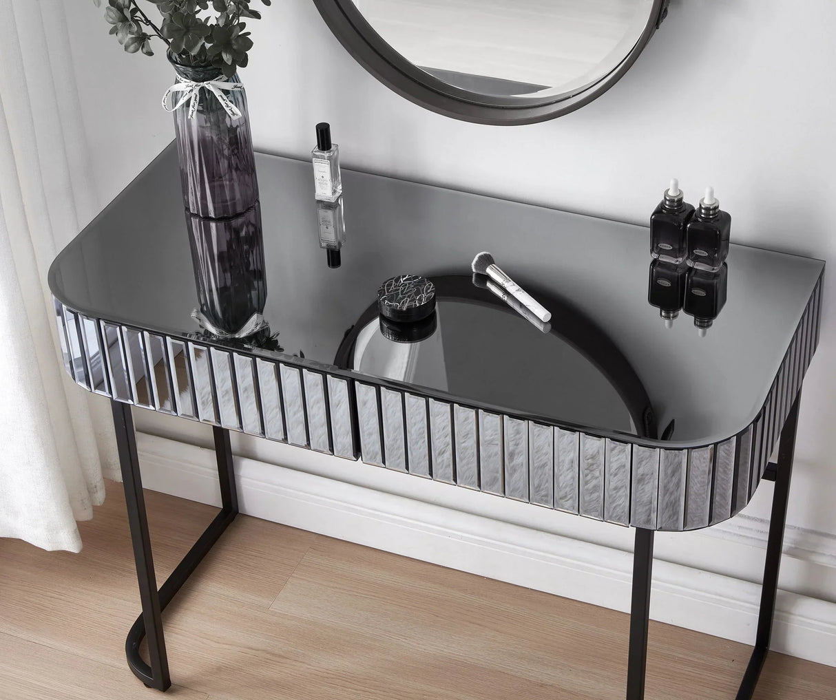 Mirrored Makeup Vanity Table With Stainless Steel Base And 2 Drawers - Furniture Home Direct