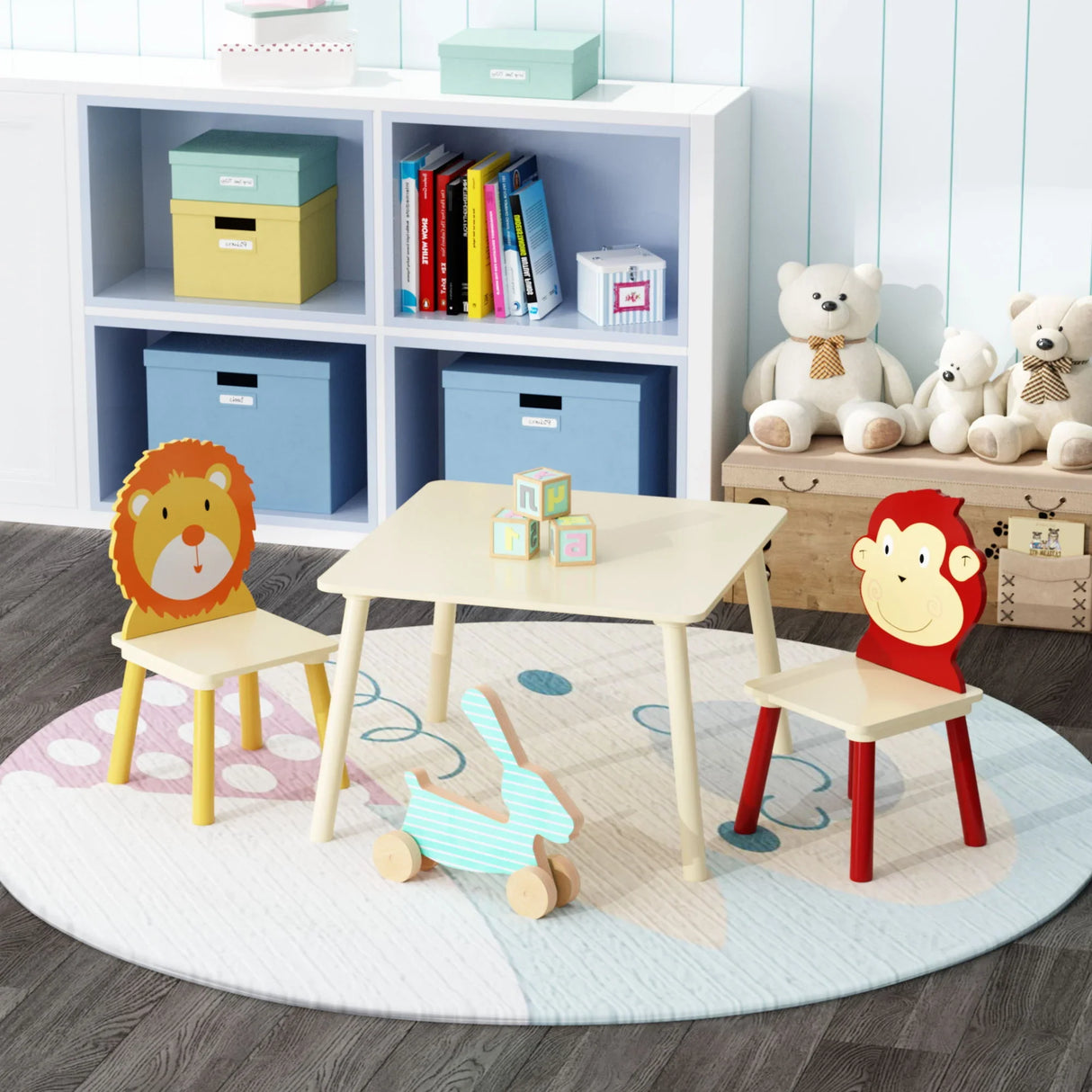 Kids Table And 2 Chairs Set, 3 Pieces Toddler Table And Chair Set, Wooden Activity Play Table Set (Lion&Monkey) - Natural - Furniture Home Direct