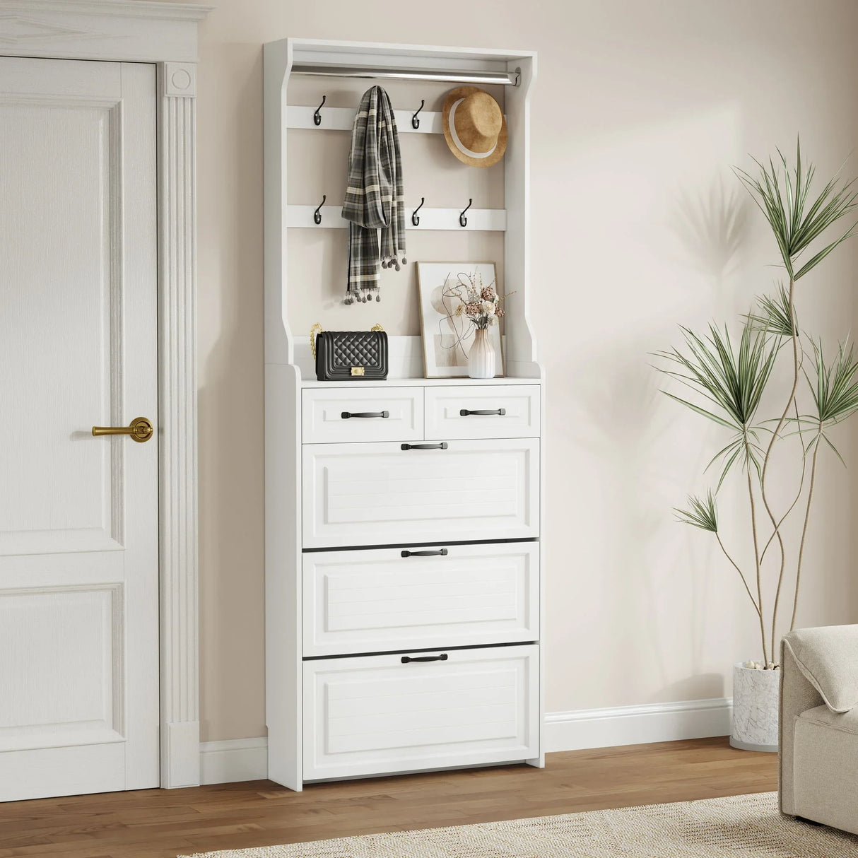 Shoe Cabinet With 3 Doors 2 Drawers With Hanger, Door With Shape, Large Space For Storage - Furniture Home Direct