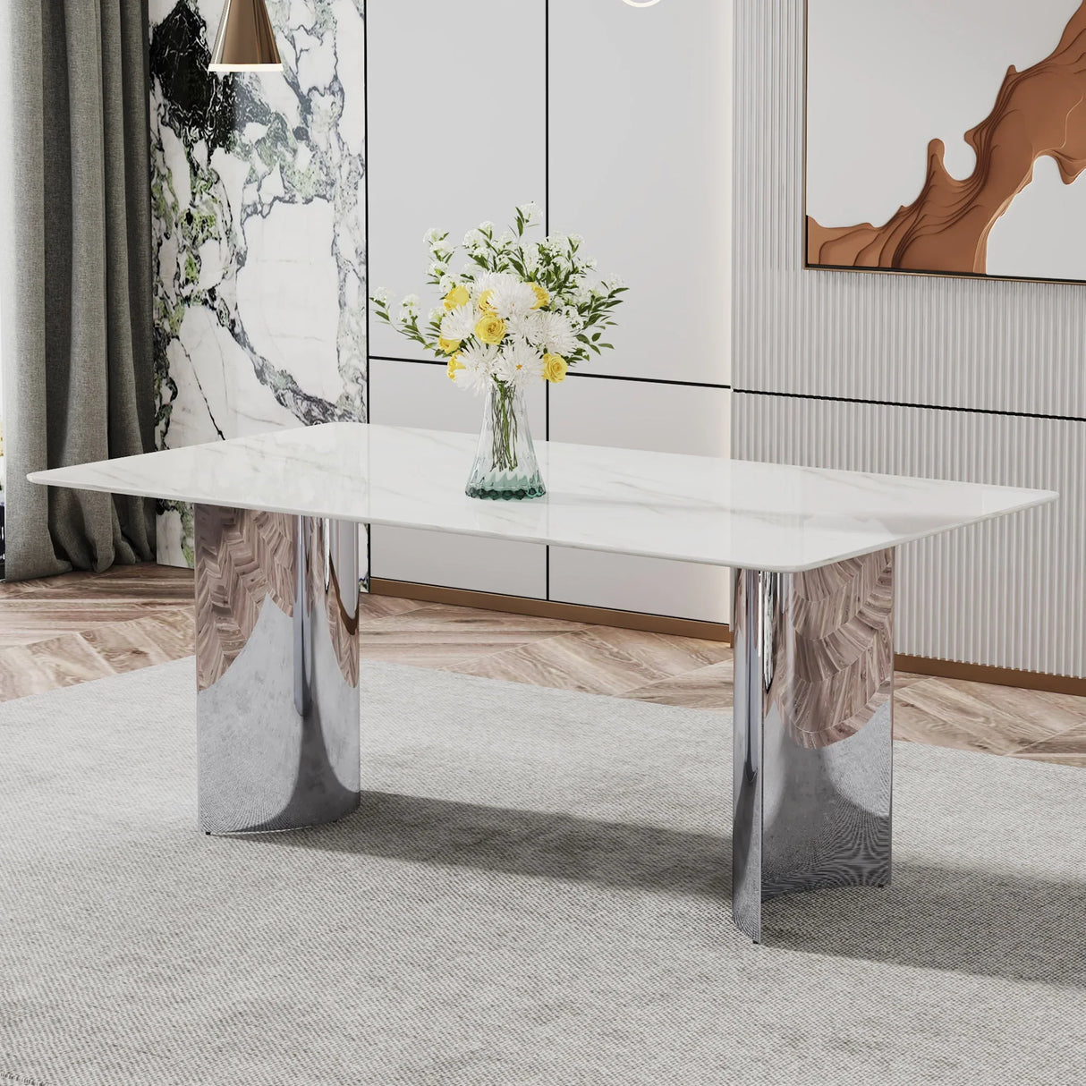 Modern Minimalist Dining Table With Imitation Marble Glass Desktop And Metal Legs - Furniture Home Direct