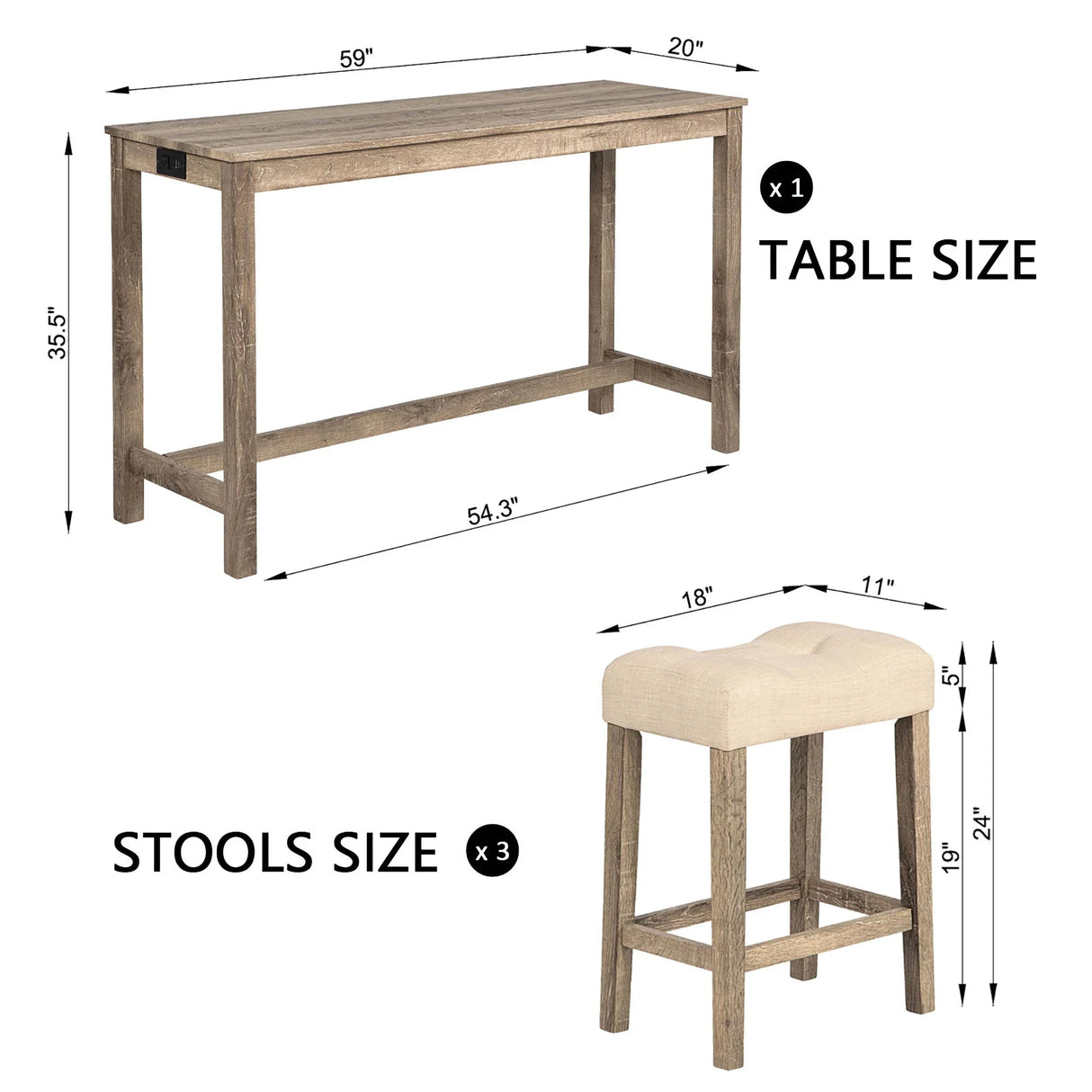 4 Piece Bar Table Set With Power Outlet, 3 Padded Stools - Furniture Home Direct
