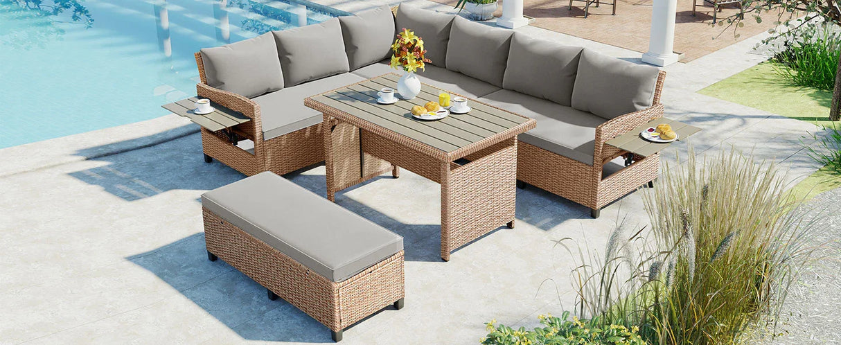 Outdoor Sectional with 2 Extendable Side Tables and Washable Covers - Brown - Furniture Home Direct