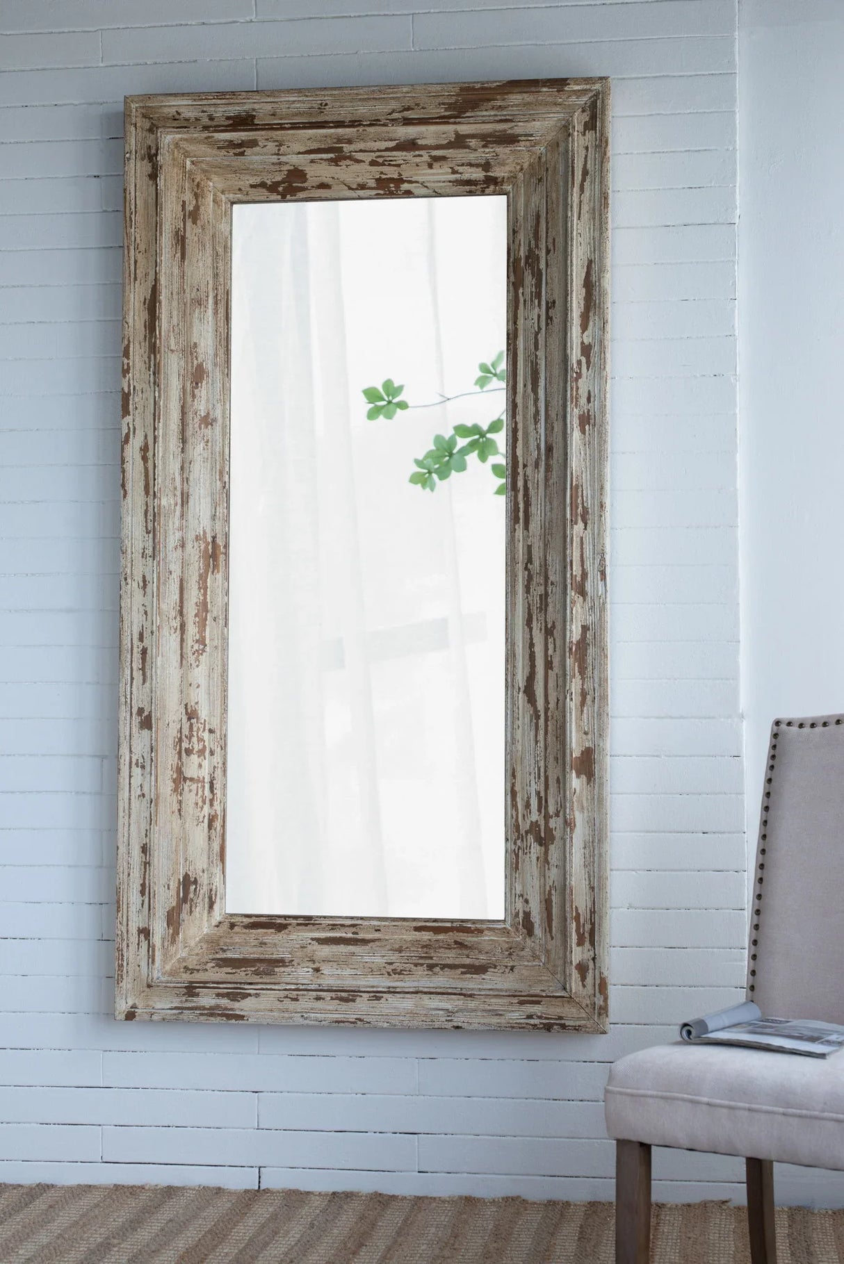 Full Length Rectangle Floor Mirror With Distressed Wood Frame - Brown - Furniture Home Direct