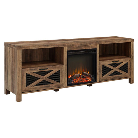 Industrial Farmhouse Metal Mesh Drop Down X Door Fireplace TV Stand - Furniture Home Direct