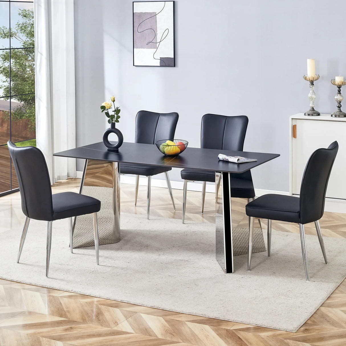 Dining Set Faux Marble Table With Black Chairs Silver - Furniture Home Direct