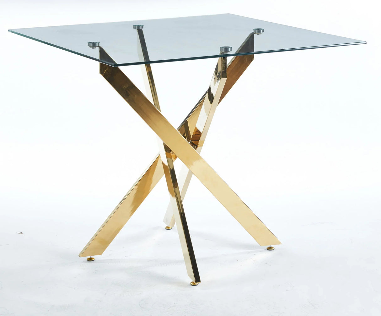 Dining Table With Cross Metal Leg And Tempered Glass, Modern Space Saving Kitchen Table For Living Room Legs, Square Table - Furniture Home Direct