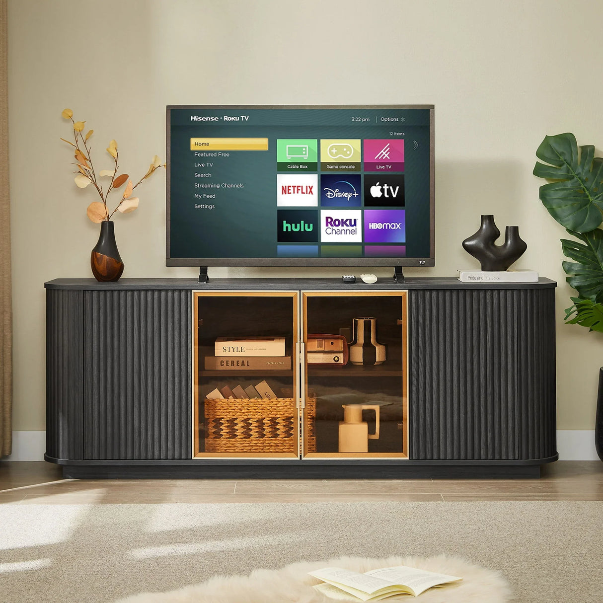 Modern 64" Wavy TV Cabinet With LED Lights - Black - Furniture Home Direct